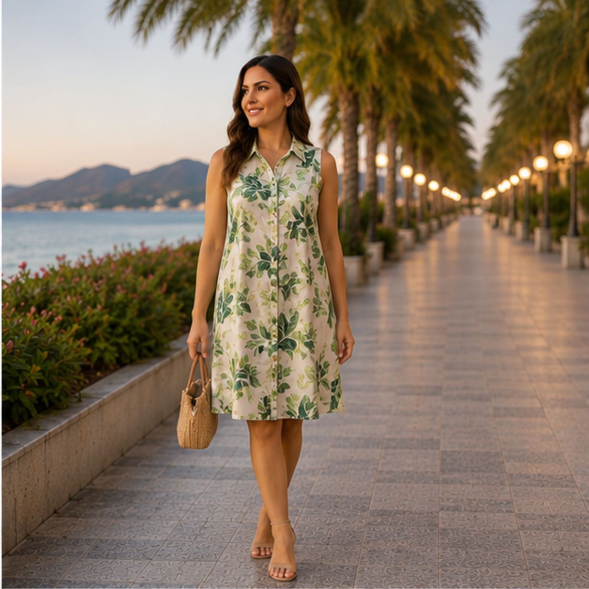 Rochie cămașă fără mâneci cu imprimeu frunze/floral