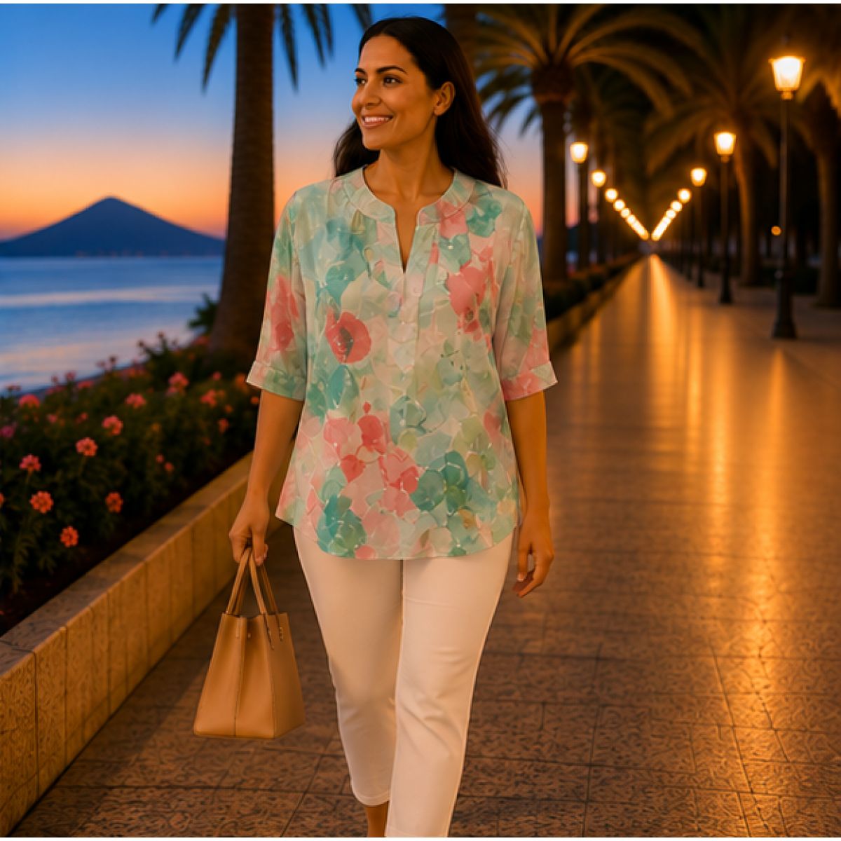 Bluză damă cu imprimeu floral pastel și decolteu în V