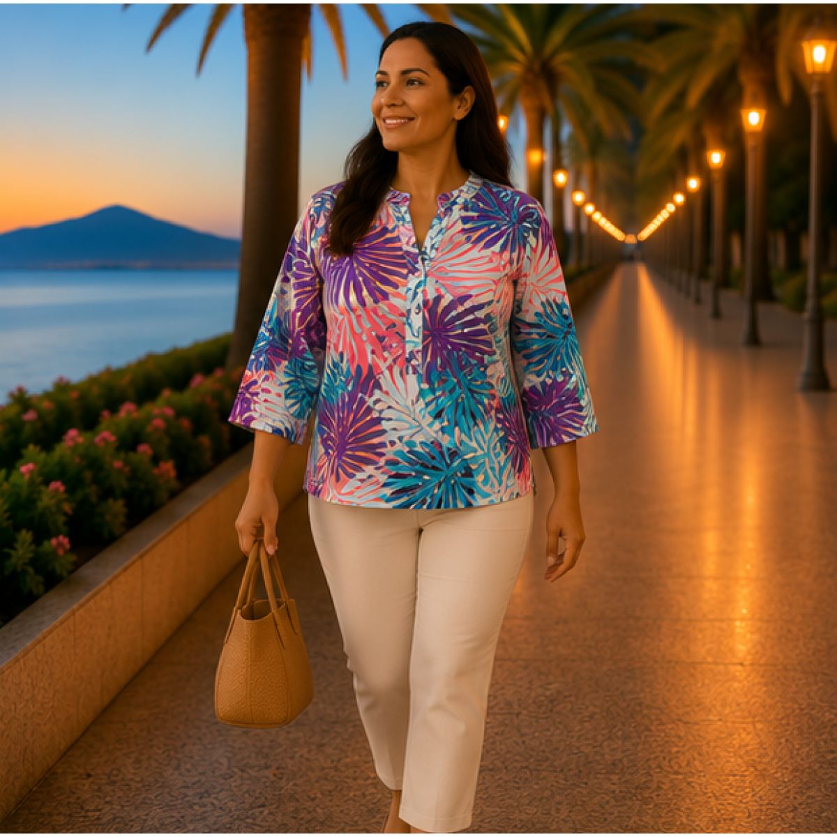 Bluză damă tropicala cu inchidere partiala cu nasturi