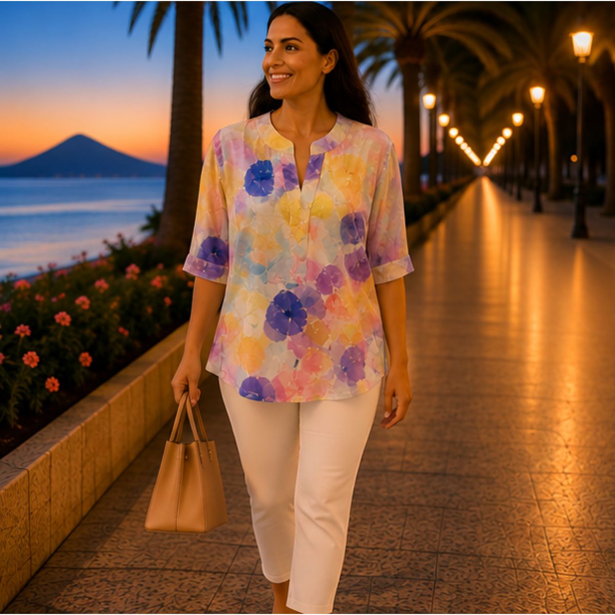 Bluză damă cu imprimeu floral pastel și decolteu în V