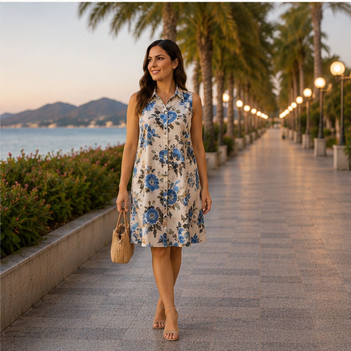 Rochie cămașă fără mâneci cu imprimeu frunze/floral