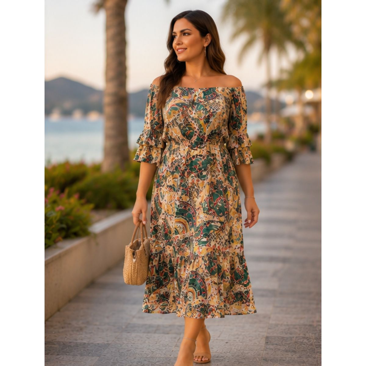 Rochie midi vaporoasă cu imprimeu floral multicolor