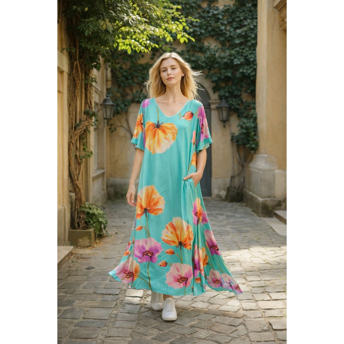 Rochie maxi cu maneca tip fluture si buzunare cod ES11538