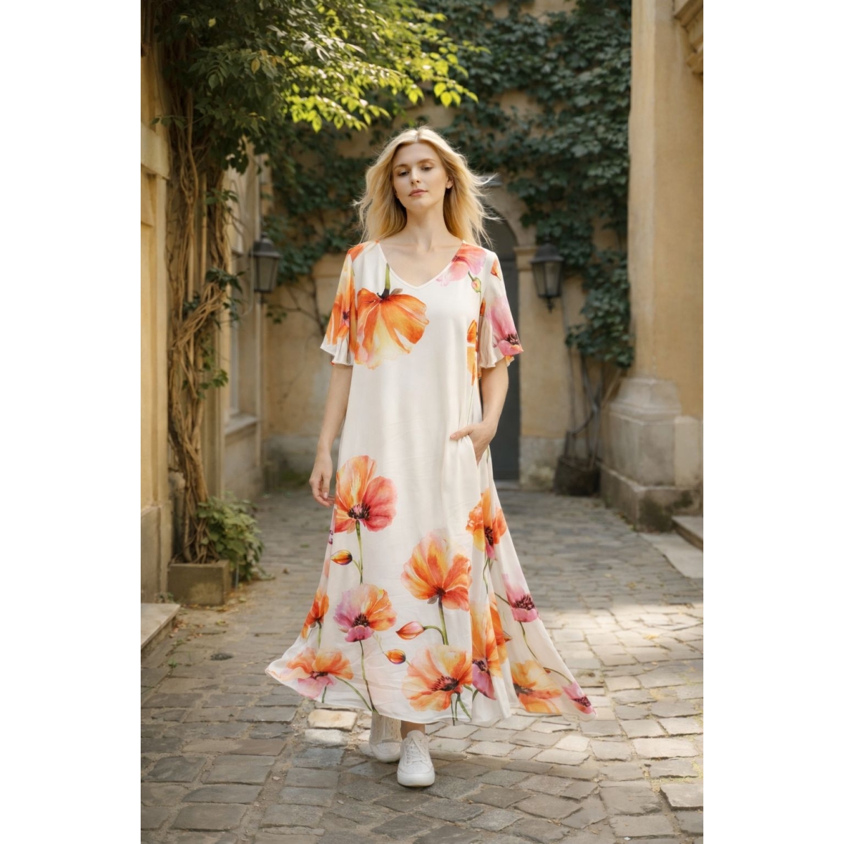 Rochie maxi cu maneca tip fluture si buzunare cod ES11539