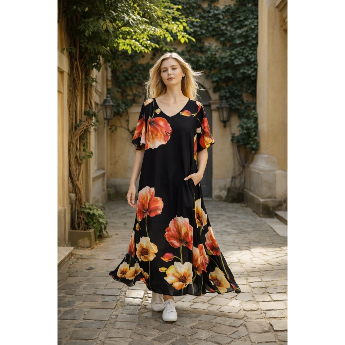 Rochie maxi cu maneca tip fluture si buzunare cod ES11540