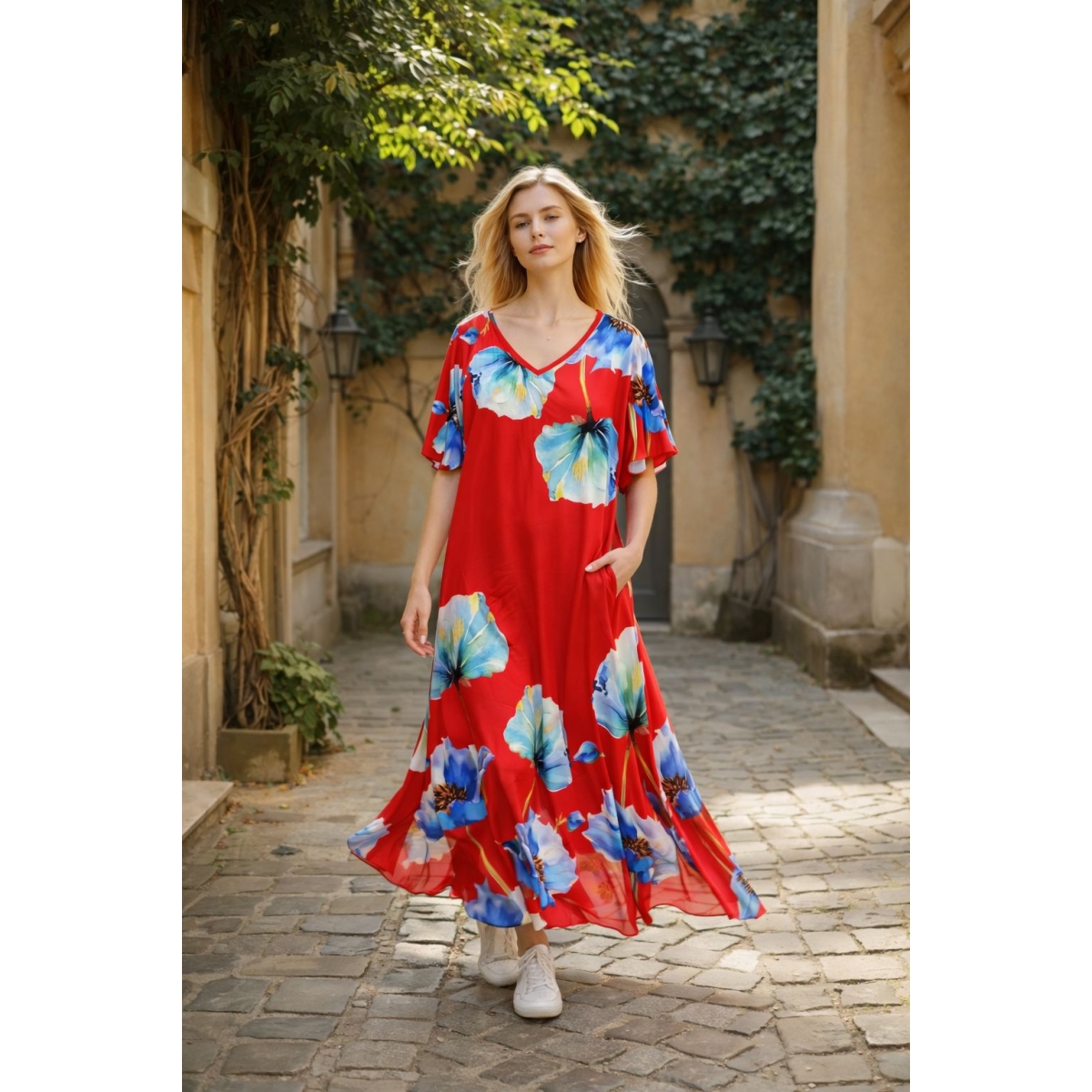 Rochie maxi cu maneca tip fluture si buzunare cod ES11542