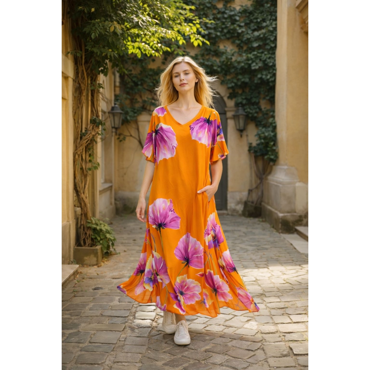 Rochie maxi cu maneca tip fluture si buzunare cod ES11543