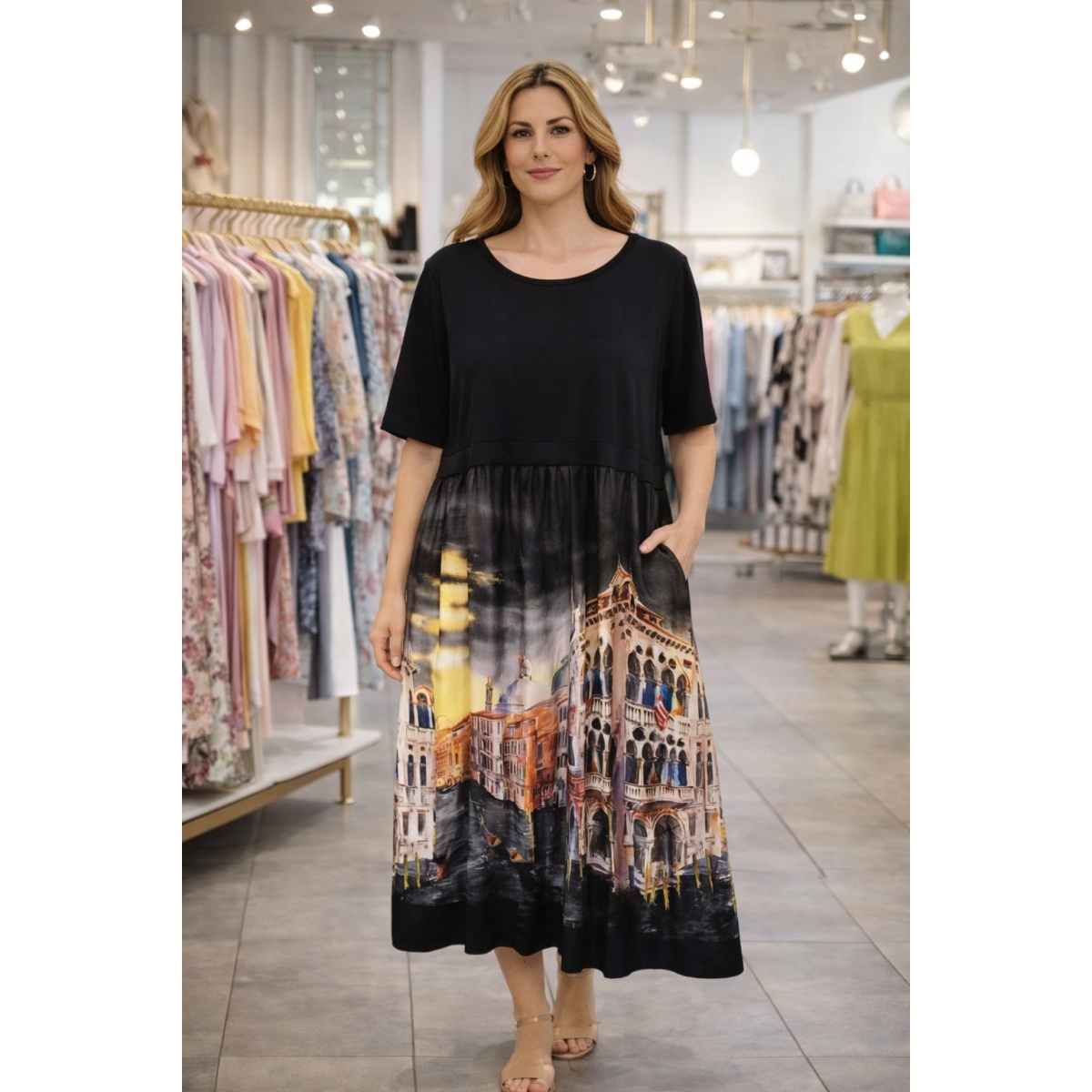 Rochie midi casual-chic cu buzunare cod ES11600