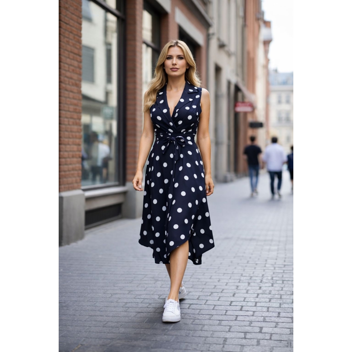 Rochie midi cu tiv asimetric si imprimeu retro-chic cod ES11514