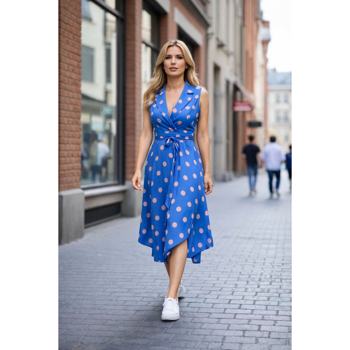 Rochie midi cu tiv asimetric si imprimeu retro-chic cod ES11515