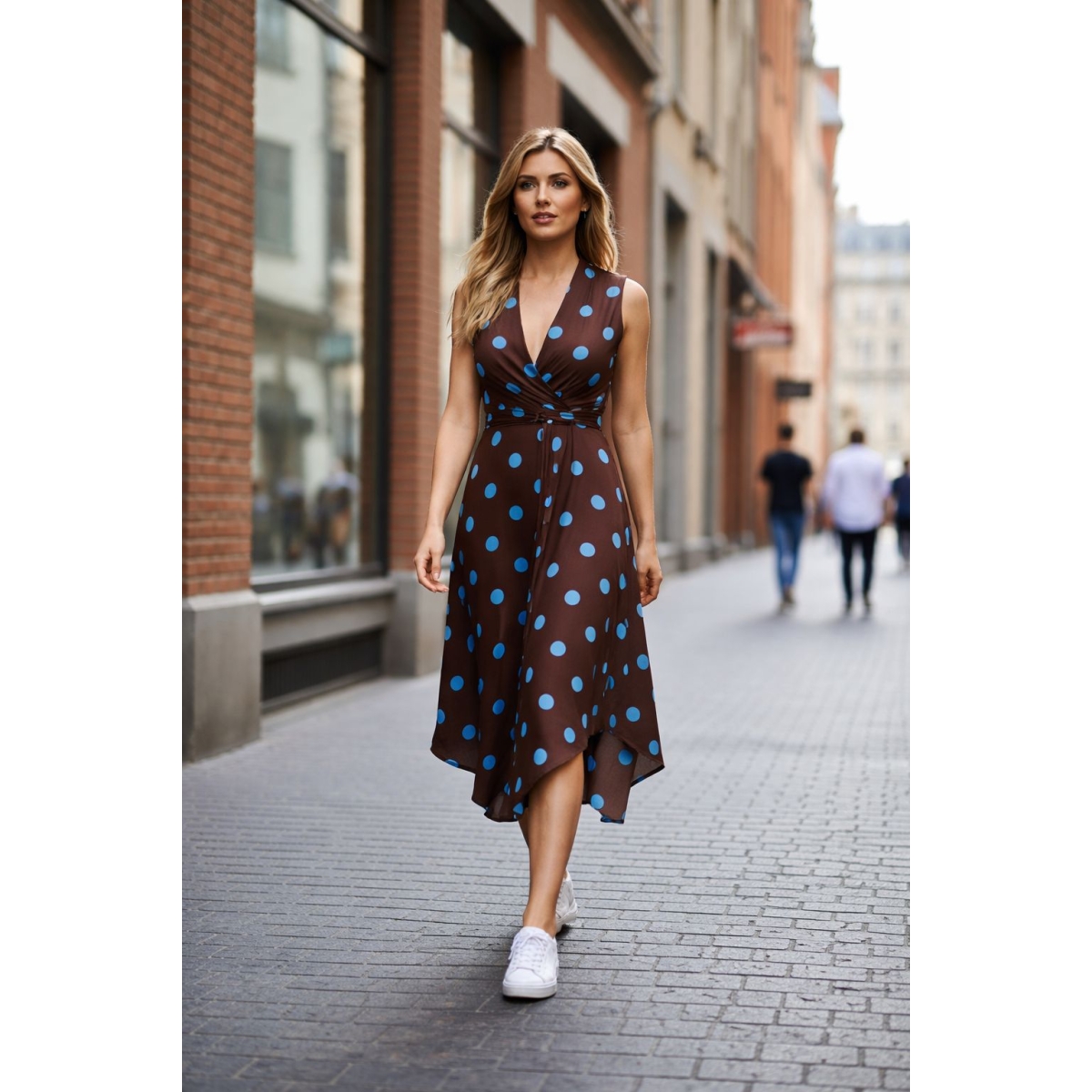 Rochie midi cu tiv asimetric si imprimeu retro-chic cod ES11516