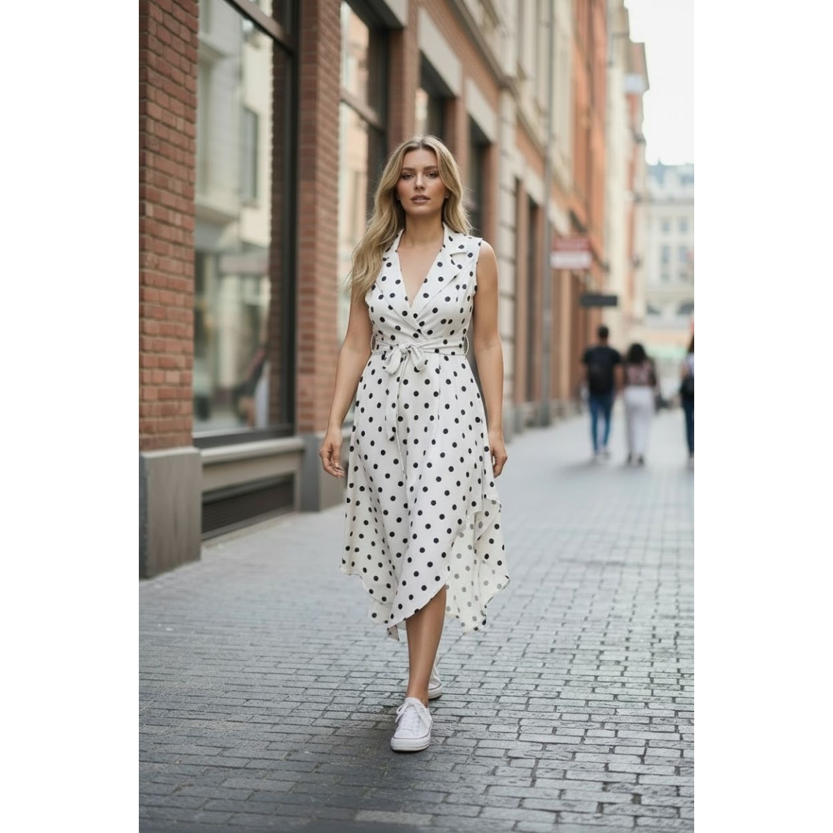 Rochie midi cu tiv asimetric si imprimeu retro-chic cod ES11517