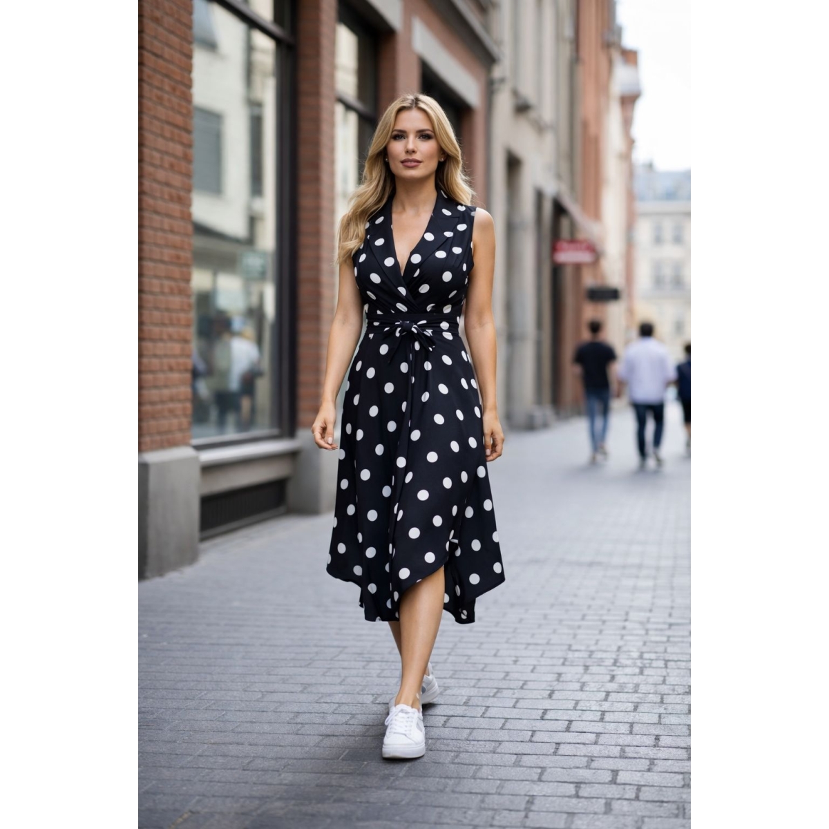 Rochie midi cu tiv asimetric si imprimeu retro-chic cod ES11518