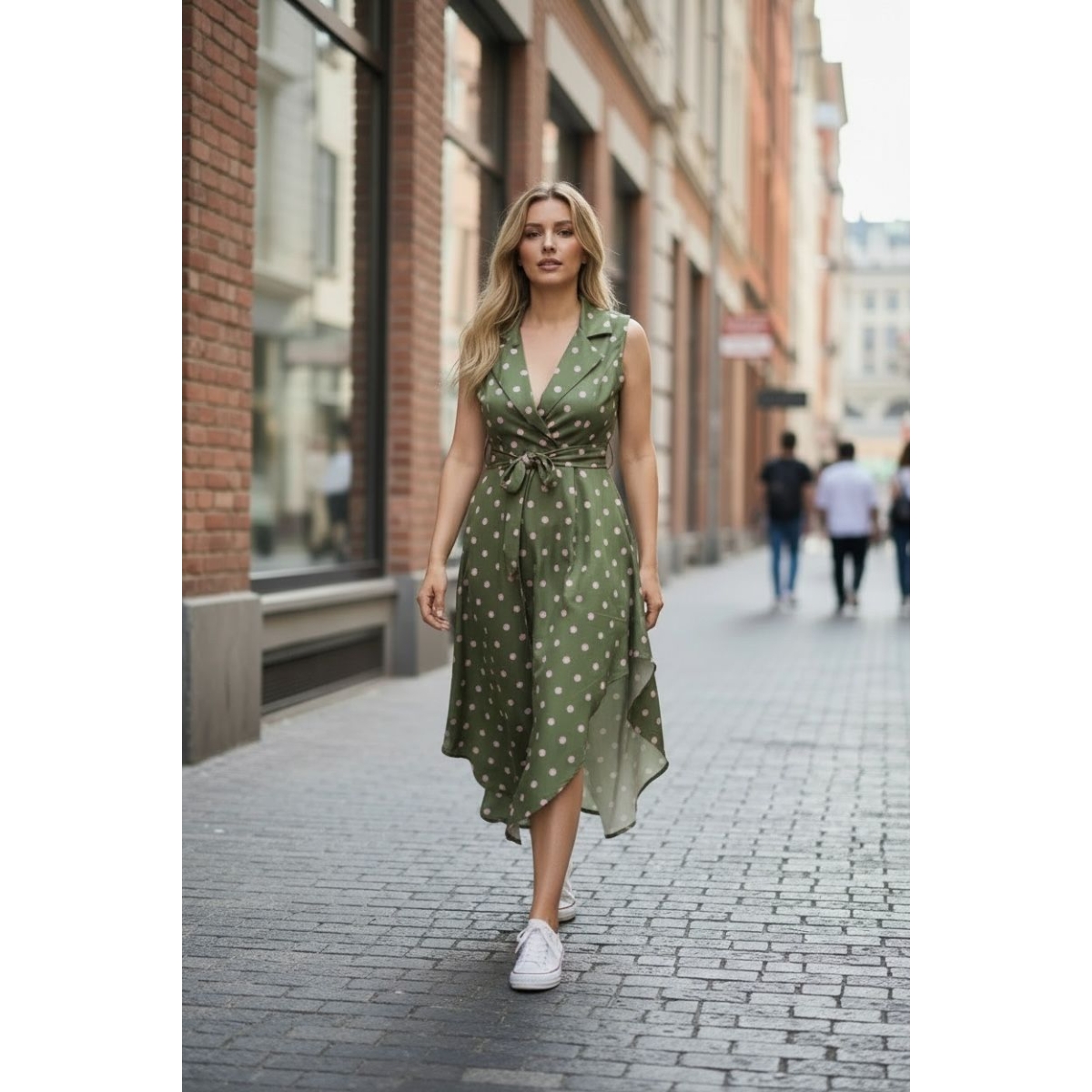 Rochie midi cu tiv asimetric si imprimeu retro-chic cod ES11520