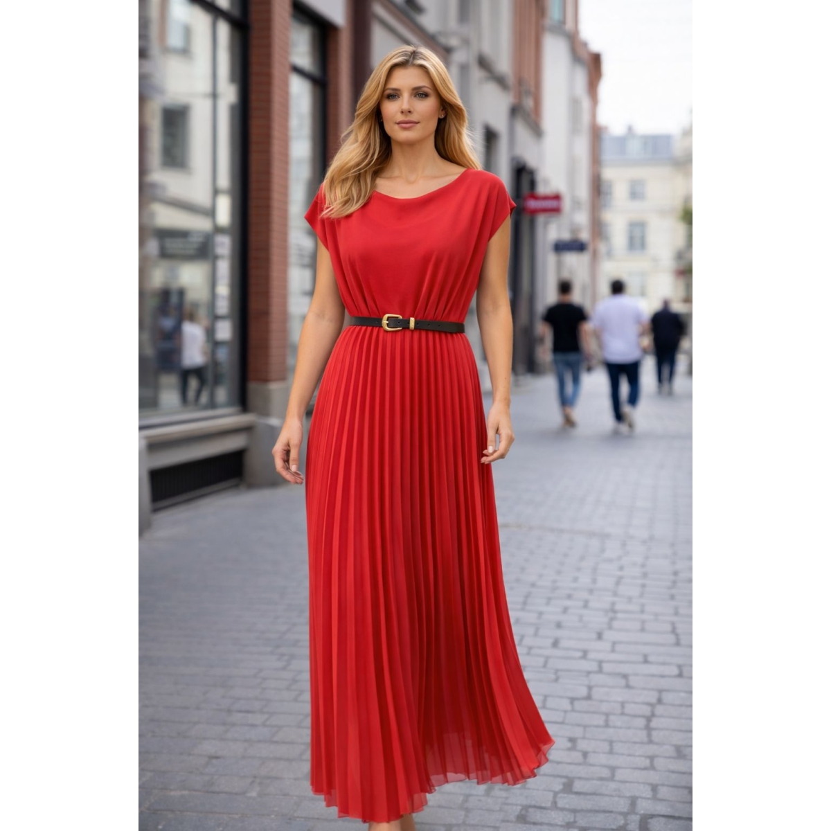 Rochie midi de ocazie cu pliseuri si curea cod ES11604