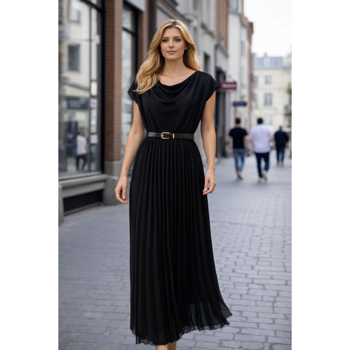 Rochie midi de ocazie cu pliseuri si curea cod ES11605