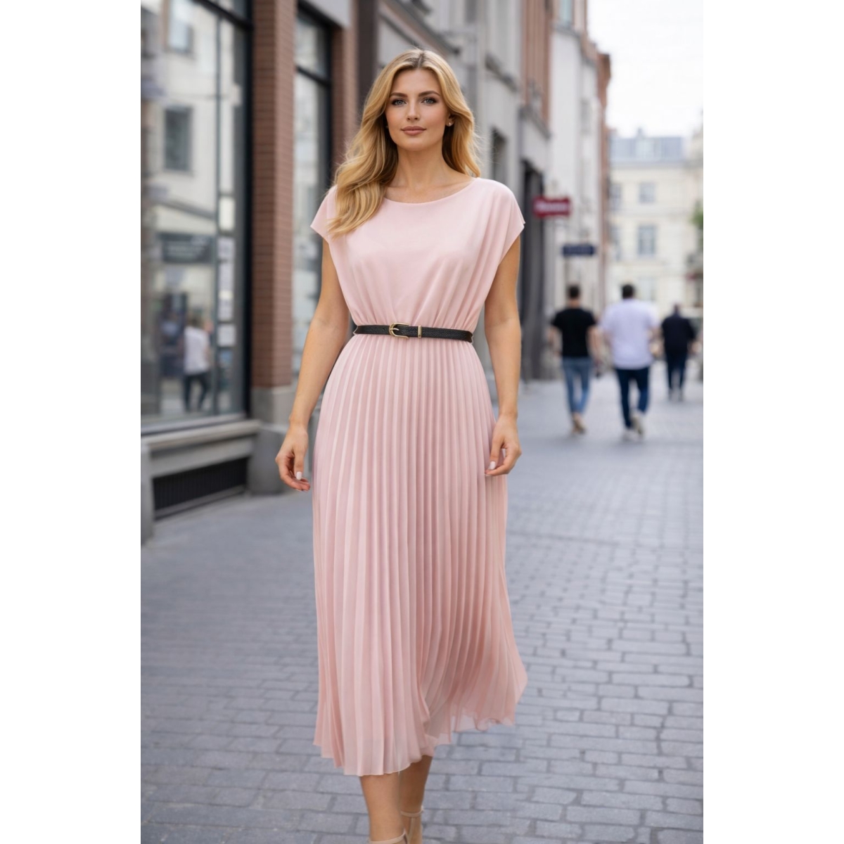 Rochie midi de ocazie cu pliseuri si curea cod ES11608