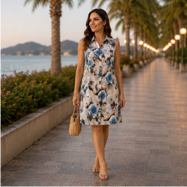 Rochie cămașă fără mâneci cu imprimeu frunze/floral