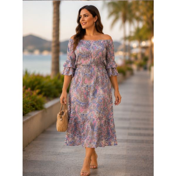 Rochie midi vaporoasă cu imprimeu floral multicolor