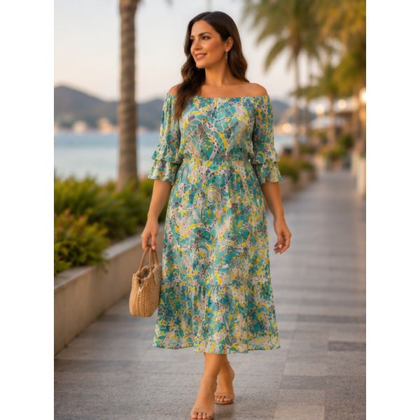 Rochie midi vaporoasă cu imprimeu floral multicolor